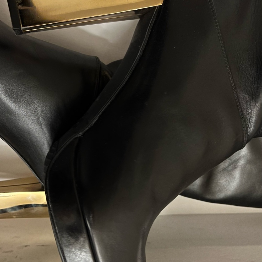 Black Leather Knee-High Boots with Gold Block Heel - Picture 3 of 8